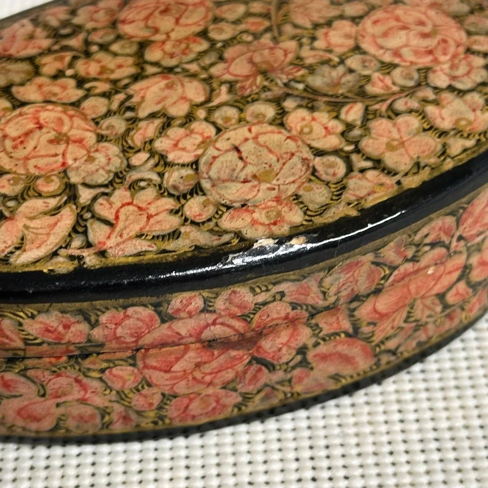 Vintage Tear Drop Shaped Paper Mache Box Hand Painted Florals Trinket Jewelry